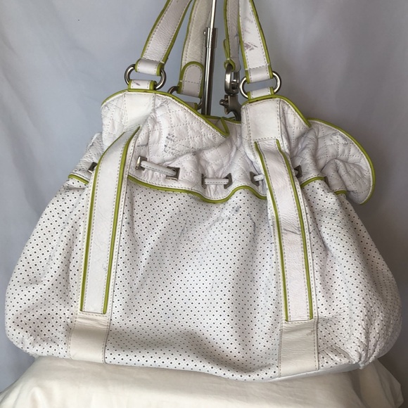 FRANCESCO BIASIA white leather lime green trimmed hobo style shoulder bag. - Picture 9 of 14